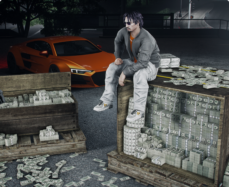 Personaj GTA lângă o mașină portocalie